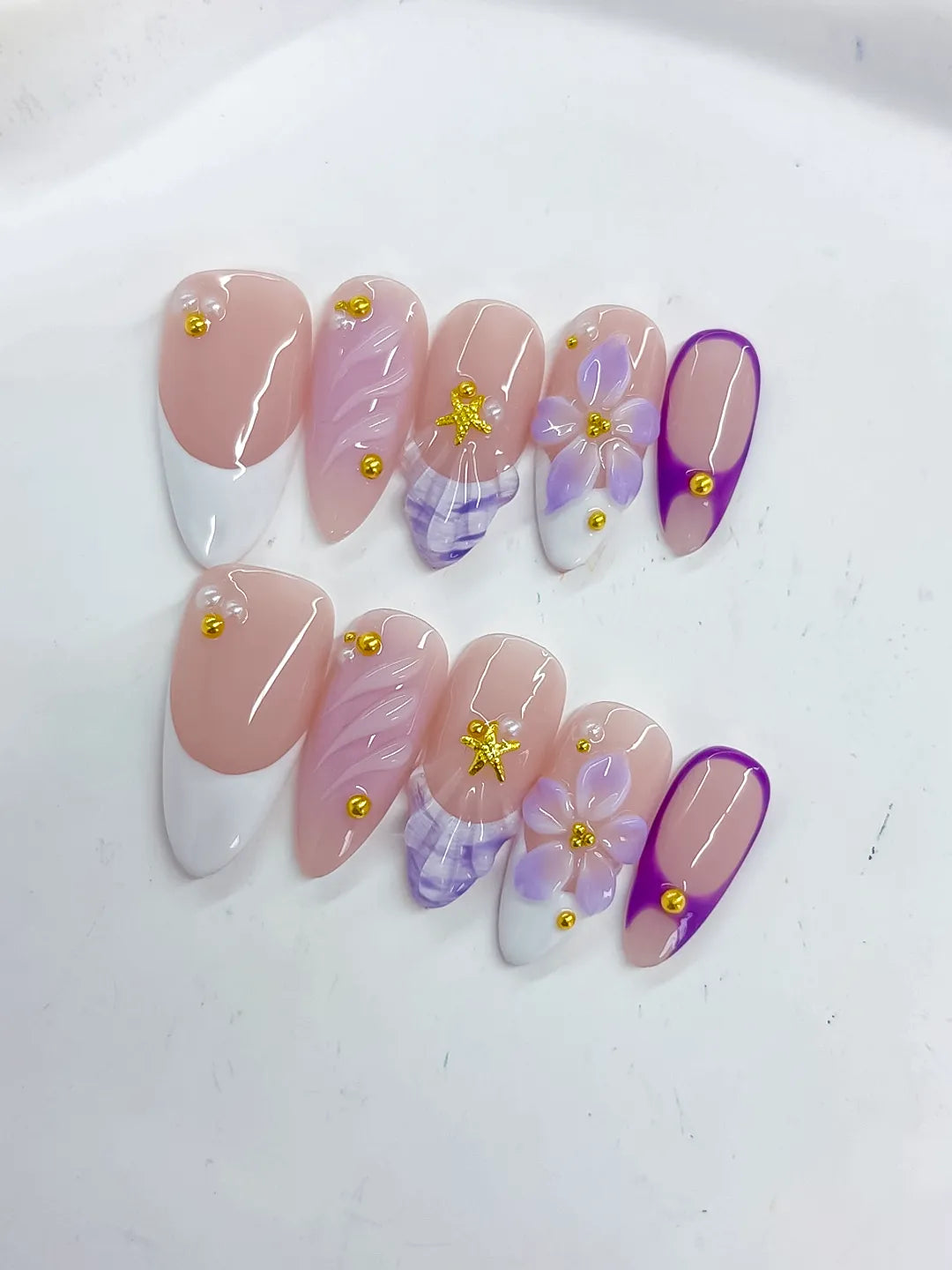 D487 - Medium Nude White Almond French tip Flower Shell VibeNailsLab