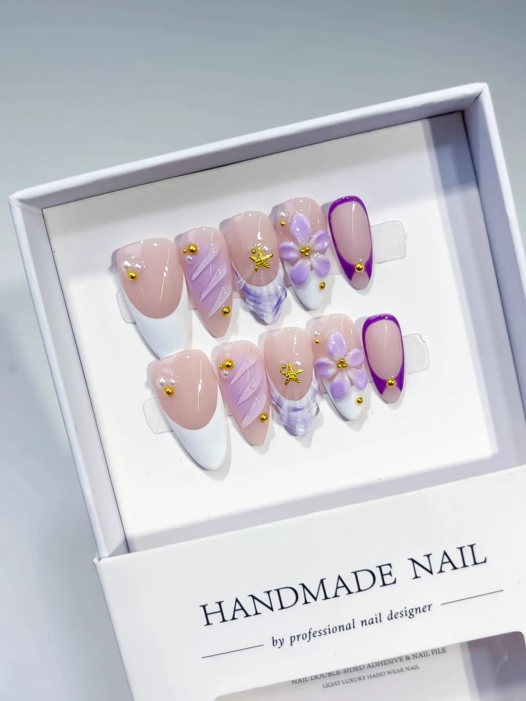 D487 - Medium Nude White Almond French tip Flower Shell VibeNailsLab