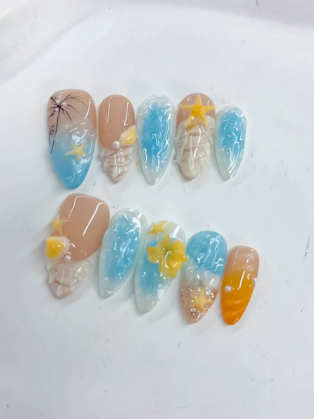 D489 - Medium Nude Blue Almond Abstract Flower Star VibeNailsLab
