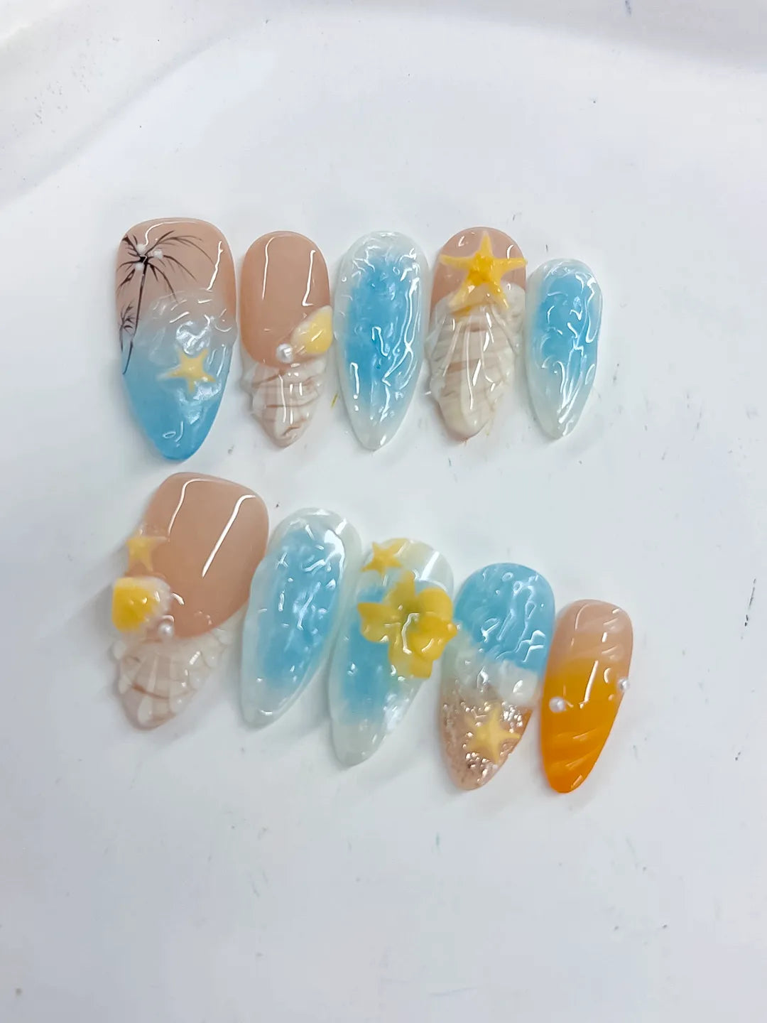 D489 - Medium Nude Blue Almond Abstract Flower Star VibeNailsLab