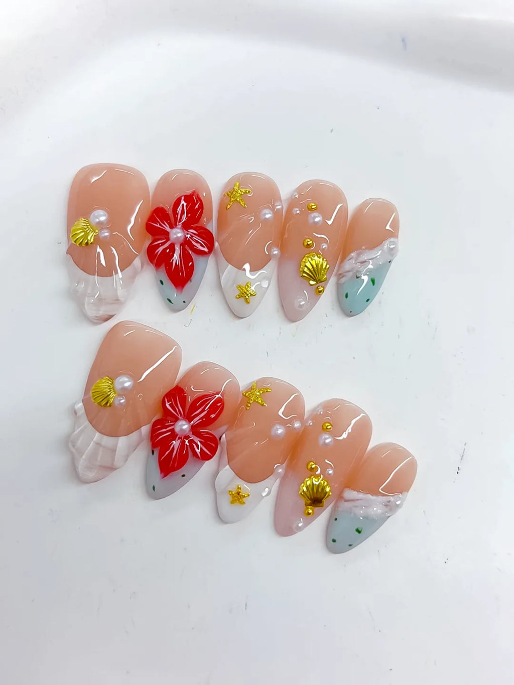 D492 - Medium Nude White Almond French tip Flower Star