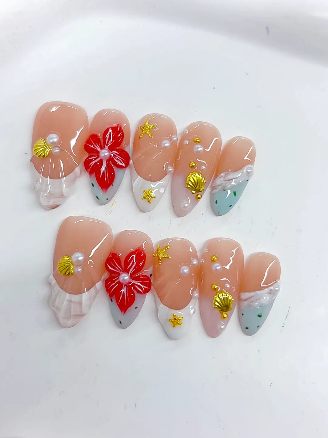 D492 - Medium Nude White Almond French tip Flower Star