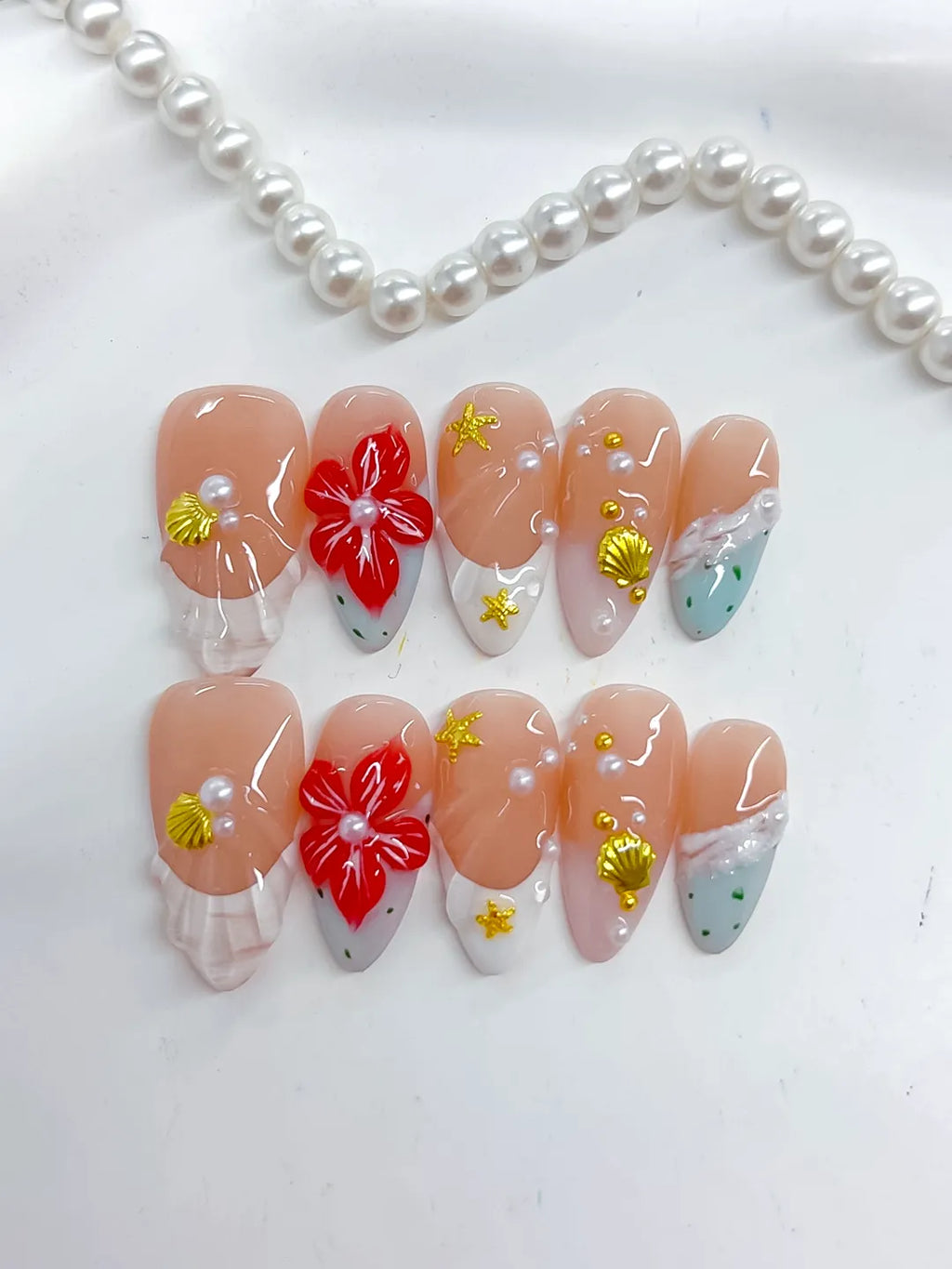 D492 - Medium Nude White Almond French tip Flower Star