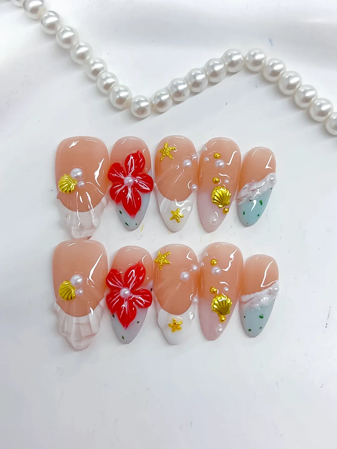 D492 - Medium Nude White Almond French tip Flower Star