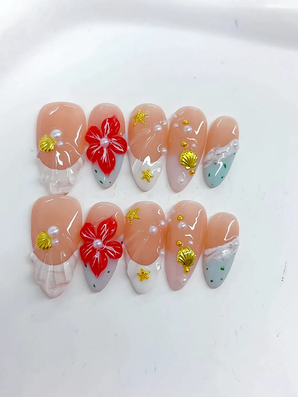 D492 - Medium Nude White Almond French tip Flower Star