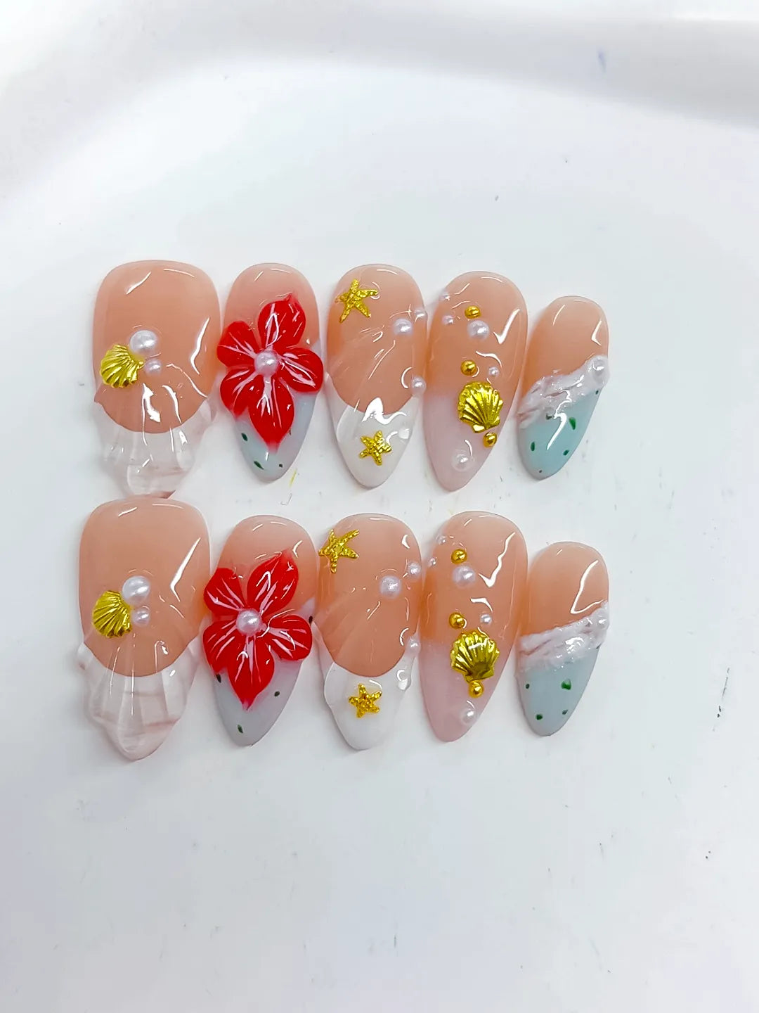 D492 - Medium Nude White Almond French tip Flower Star