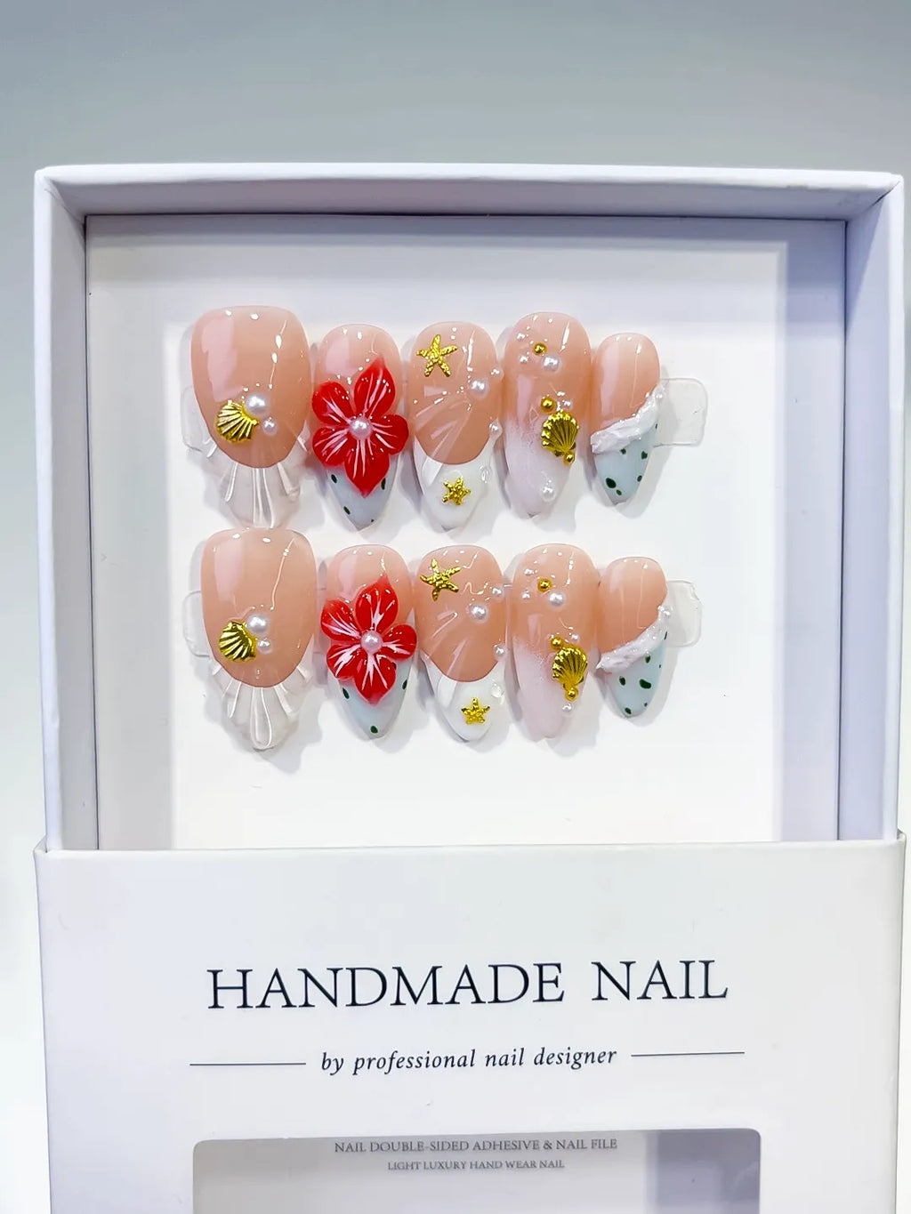 D492 - Medium Nude White Almond French tip Flower Star