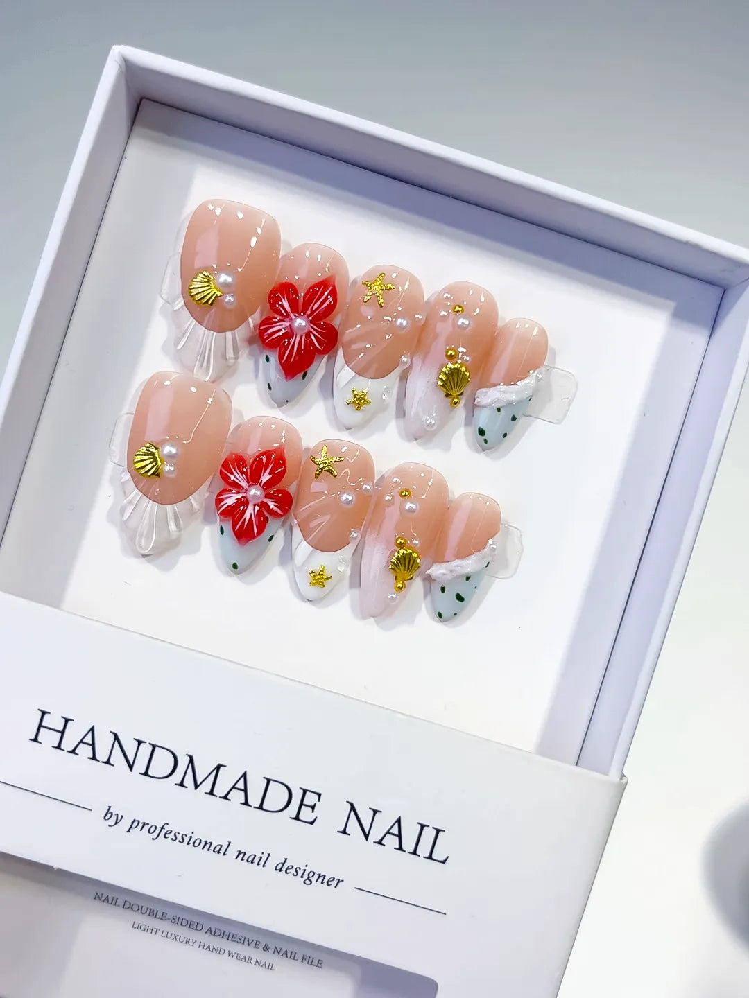 D492 - Medium Nude White Almond French tip Flower Star