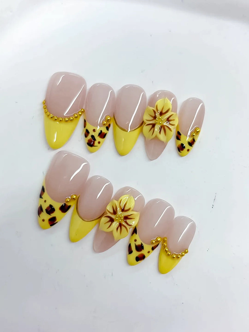 D493 - Medium Nude Yellow Almond French tip Flower Animal Print VibeNailsLab