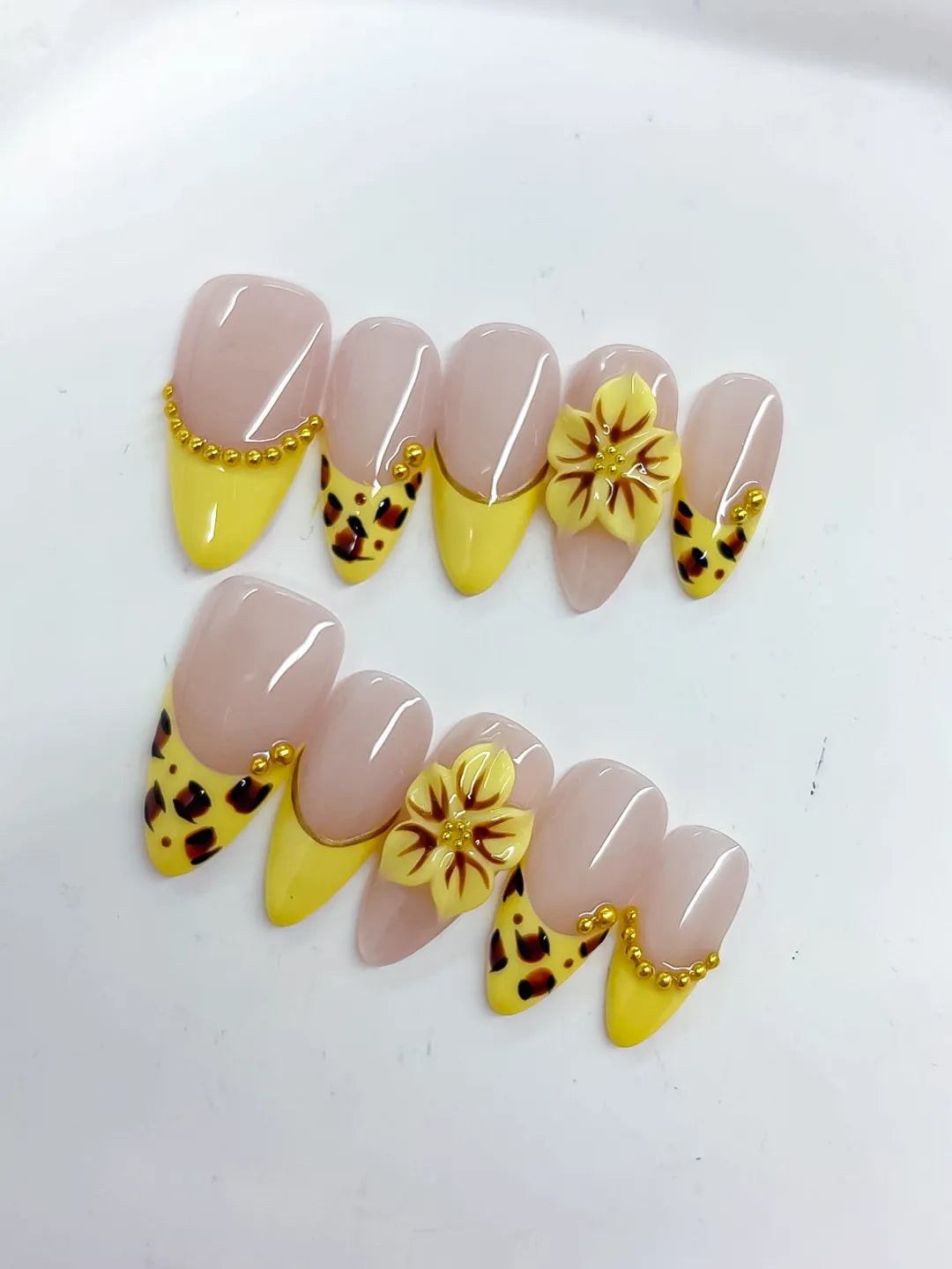 D493 - Medium Nude Yellow Almond French tip Flower Animal Print VibeNailsLab