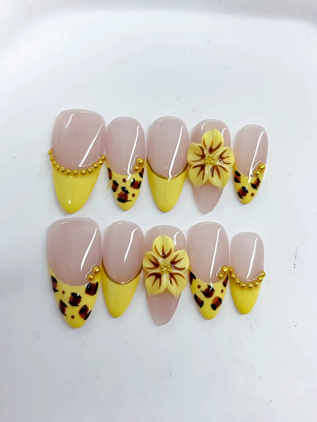 D493 - Medium Nude Yellow Almond French tip Flower Animal Print VibeNailsLab