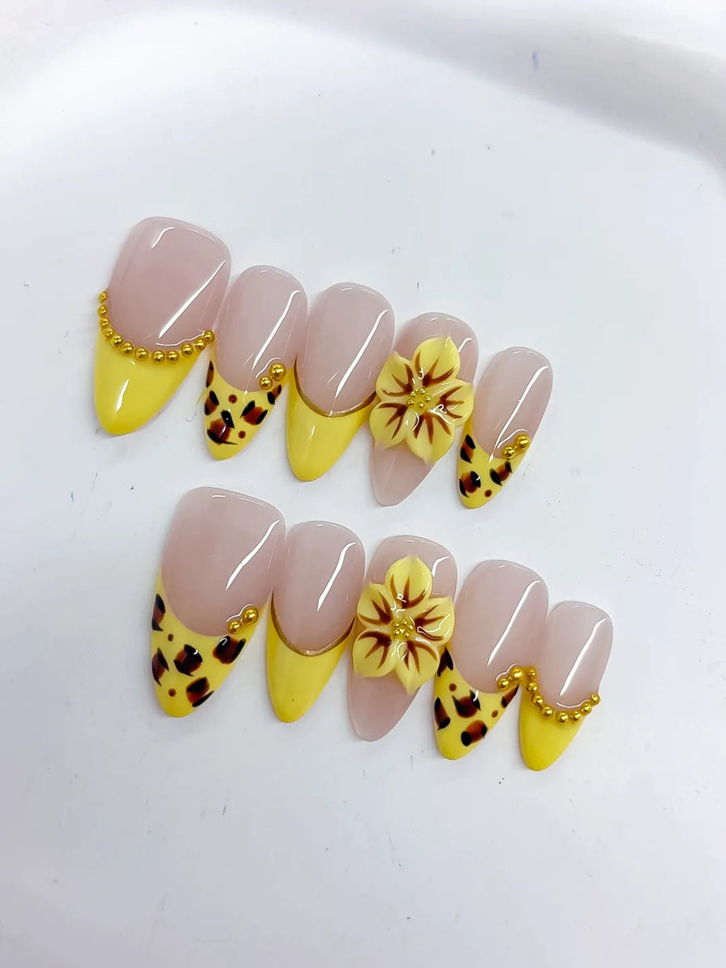 D493 - Medium Nude Yellow Almond French tip Flower Animal Print VibeNailsLab