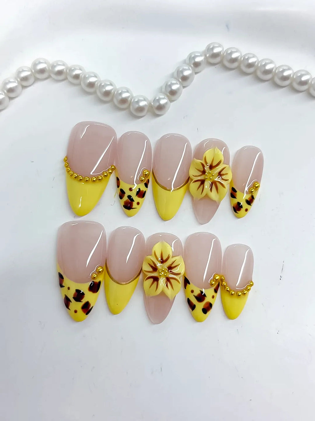 D493 - Medium Nude Yellow Almond French tip Flower Animal Print VibeNailsLab