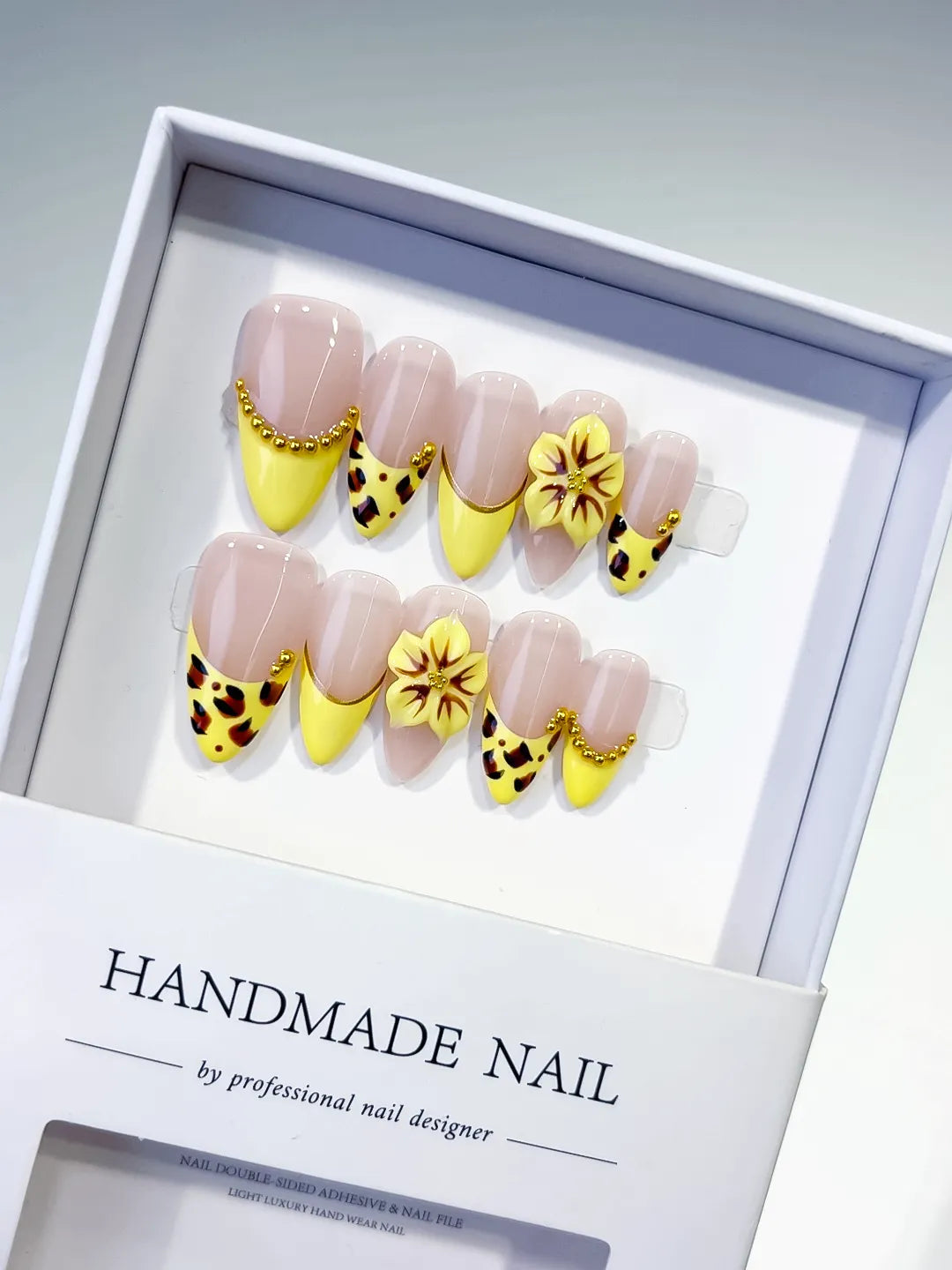 D493 - Medium Nude Yellow Almond French tip Flower Animal Print VibeNailsLab