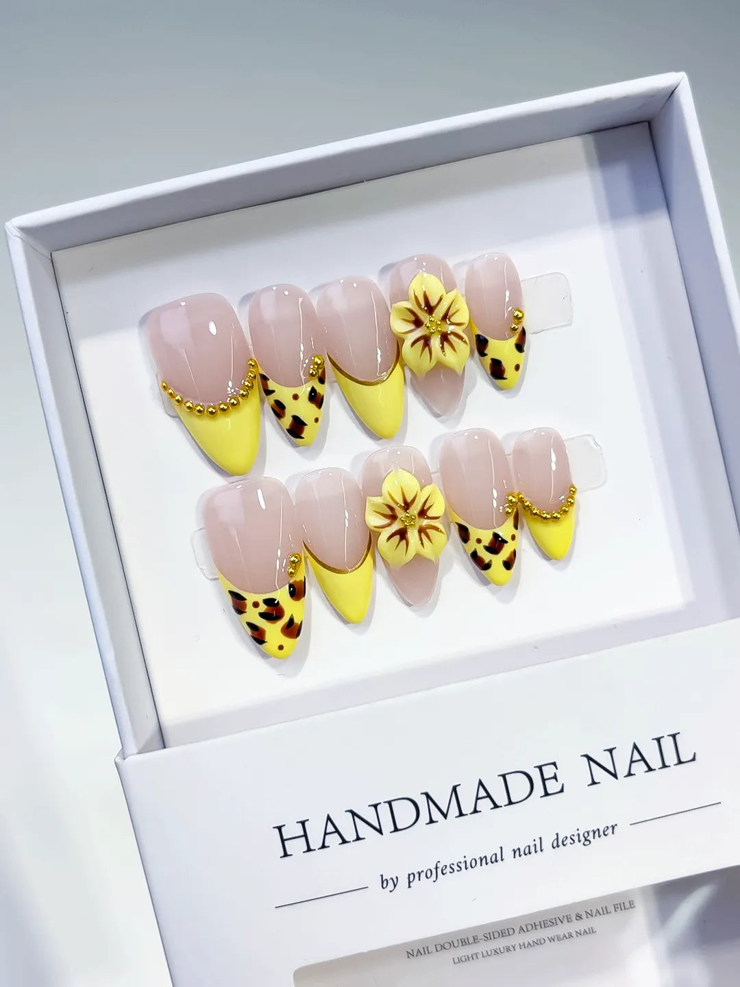 D493 - Medium Nude Yellow Almond French tip Flower Animal Print VibeNailsLab