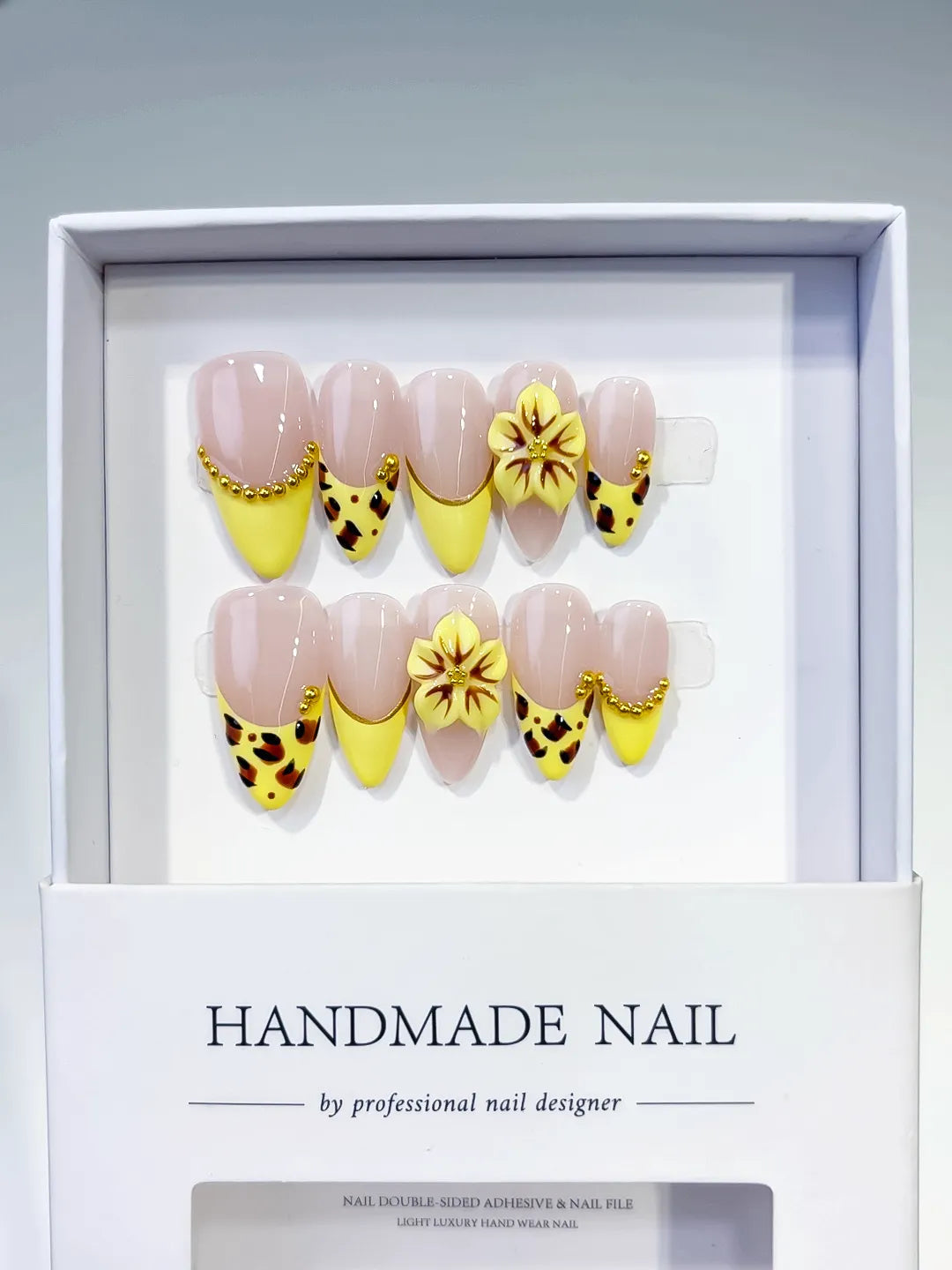D493 - Medium Nude Yellow Almond French tip Flower Animal Print VibeNailsLab