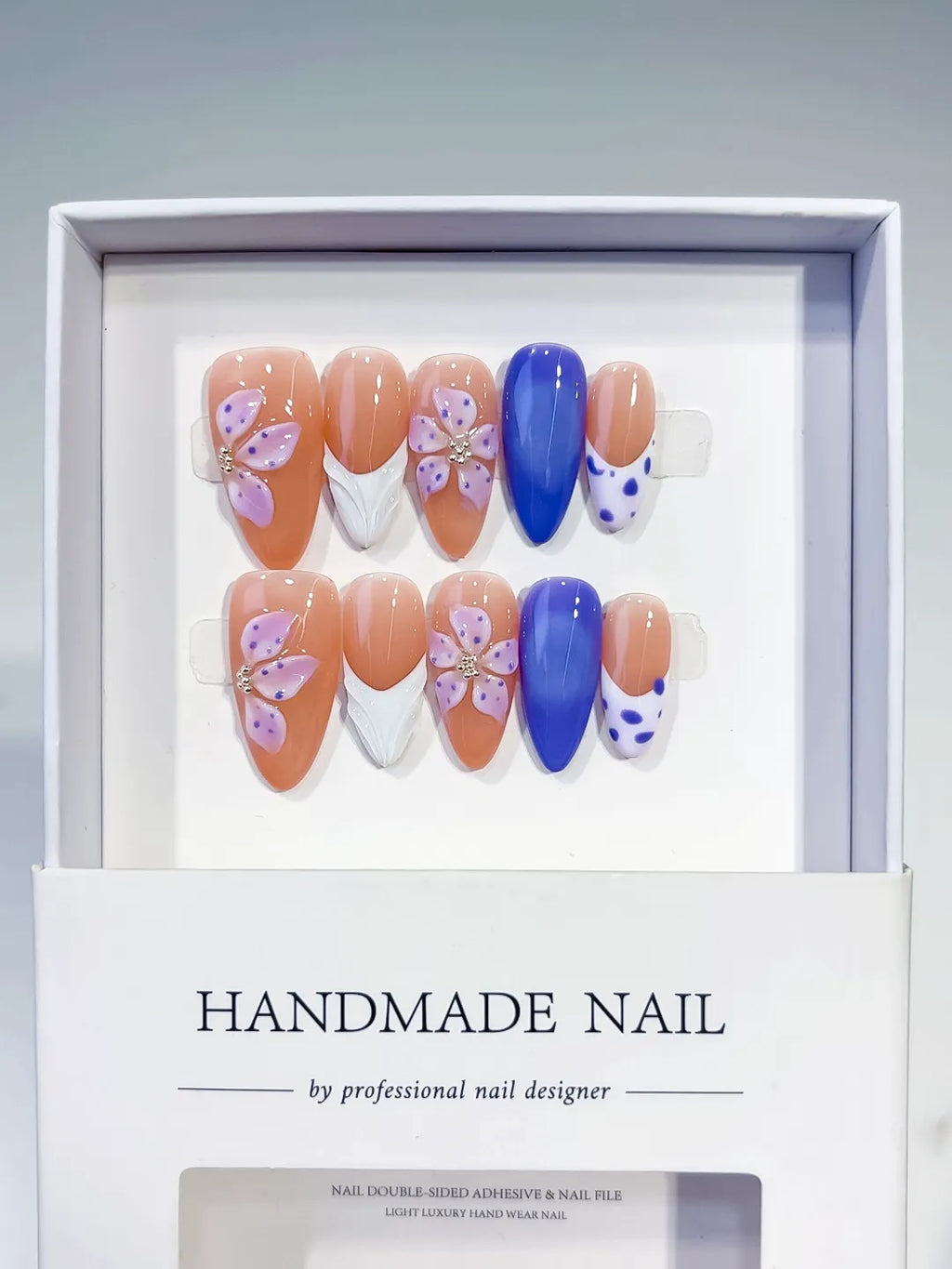 D494 - Medium Nude Blue Almond French tip Flower Dot Pattern