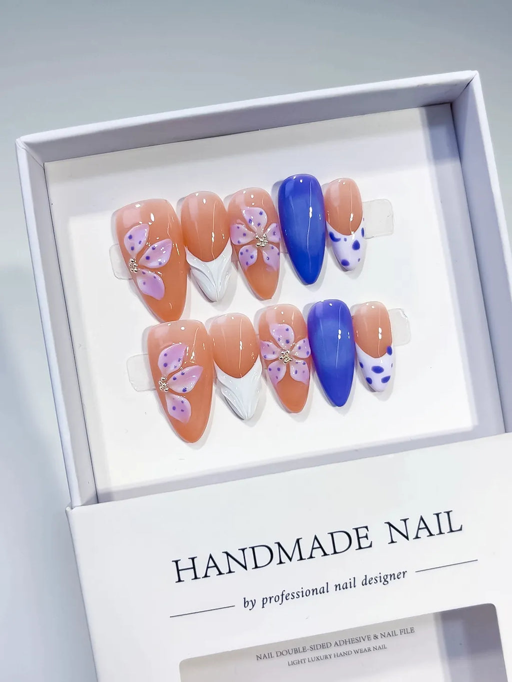 D494 - Medium Nude Blue Almond French tip Flower Dot Pattern