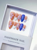 D494 - Medium Nude Blue Almond French tip Flower Dot Pattern VibeNailsLab