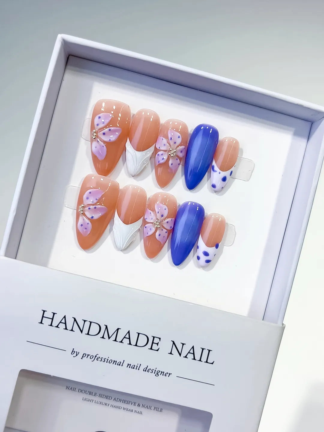D494 - Medium Nude Blue Almond French tip Flower Dot Pattern VibeNailsLab
