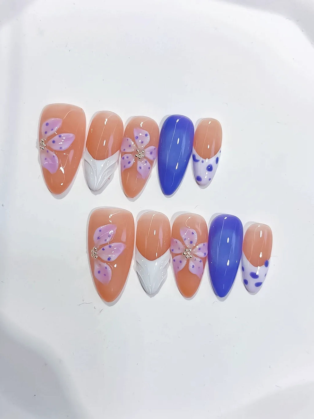 D494 - Medium Nude Blue Almond French tip Flower Dot Pattern