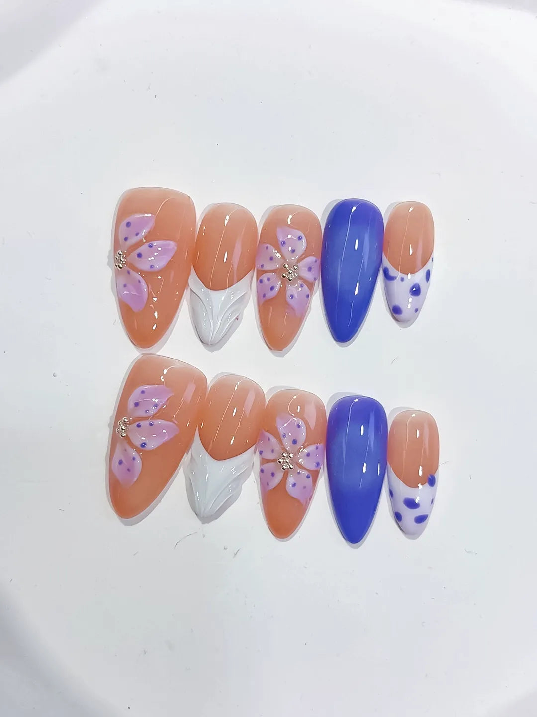 D494 - Medium Nude Blue Almond French tip Flower Dot Pattern VibeNailsLab