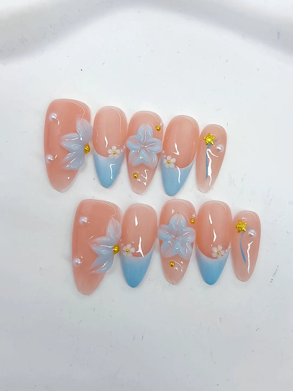 D495 - Medium Nude Blue Almond French tip Flower Star VibeNailsLab