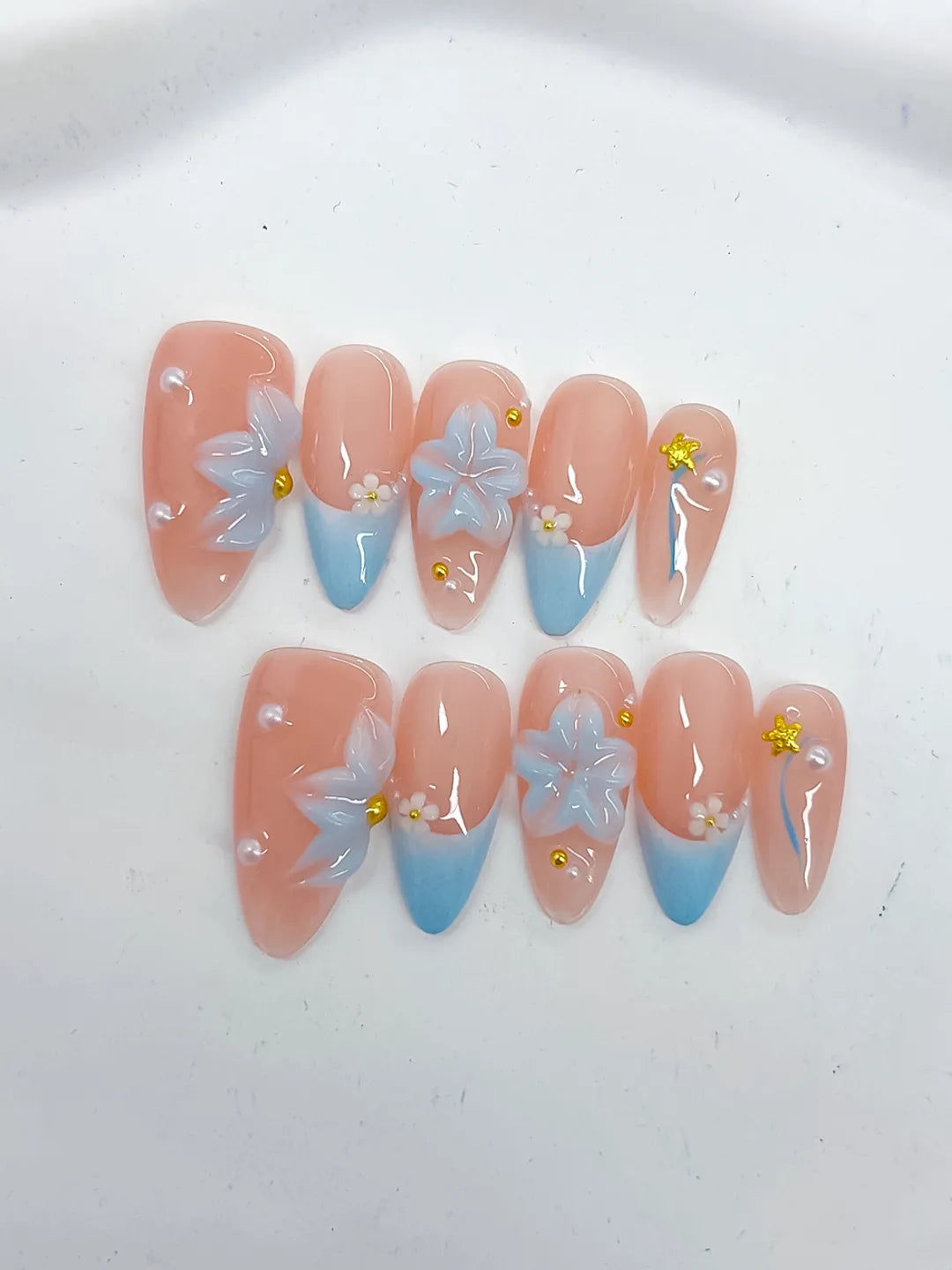 D495 - Medium Nude Blue Almond French tip Flower Star VibeNailsLab