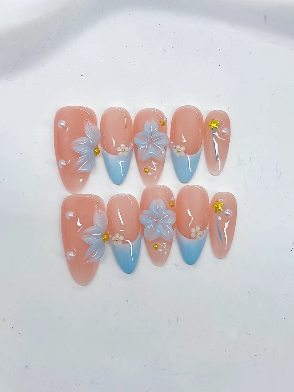 D495 - Medium Nude Blue Almond French tip Flower Star VibeNailsLab