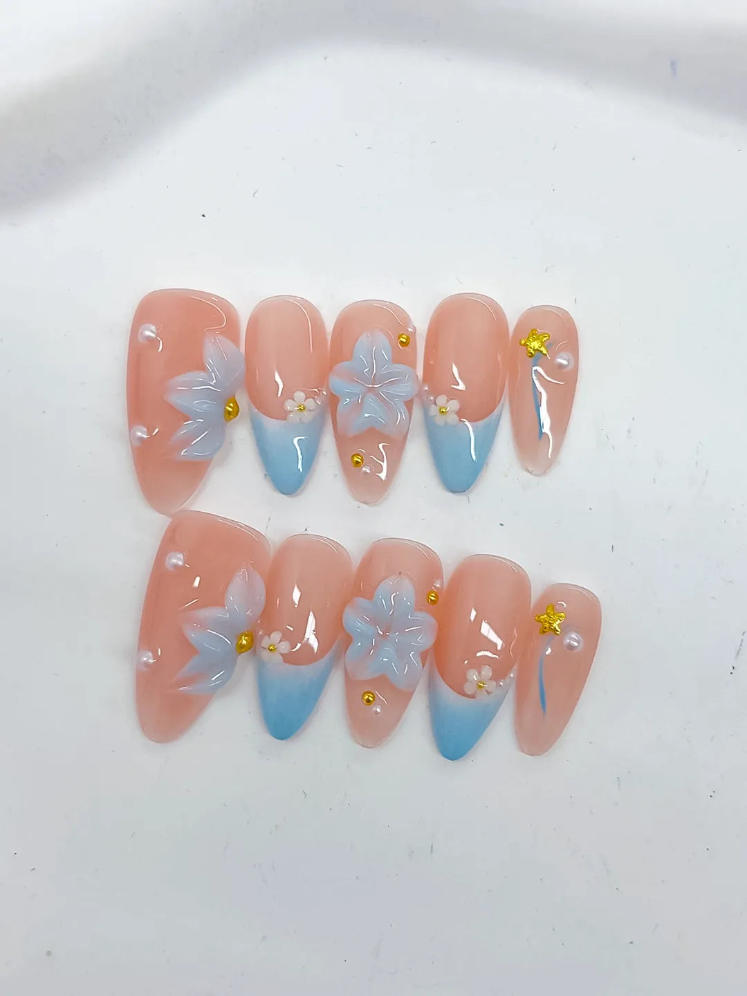 D495 - Medium Nude Blue Almond French tip Flower Star VibeNailsLab