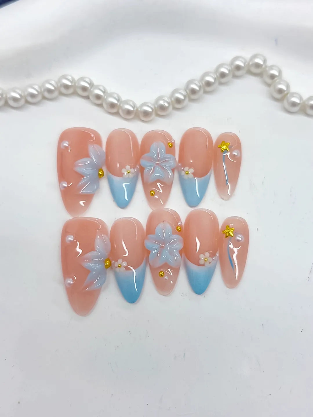 D495 - Medium Nude Blue Almond French tip Flower Star VibeNailsLab