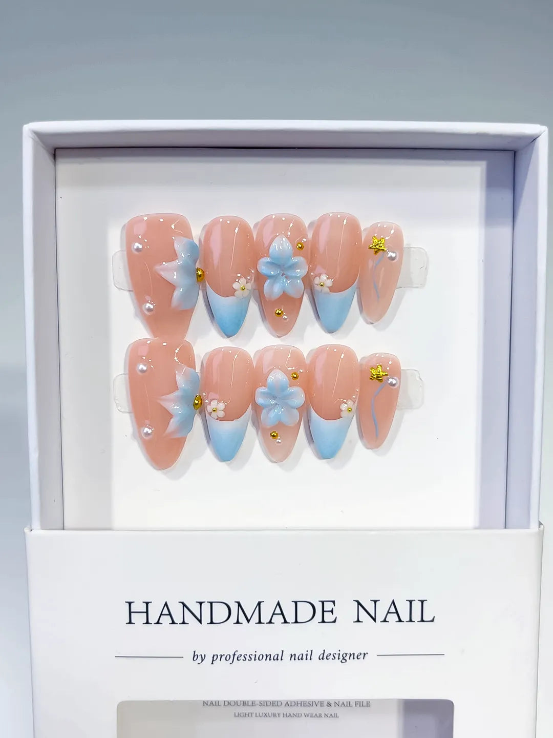 D495 - Medium Nude Blue Almond French tip Flower Star VibeNailsLab