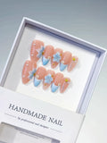 D495 - Medium Nude Blue Almond French tip Flower Star VibeNailsLab