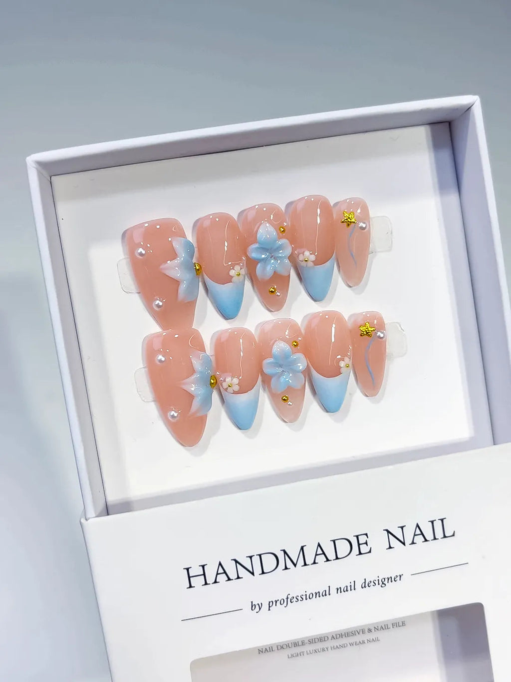 D495 - Medium Nude Blue Almond French tip Flower Star VibeNailsLab