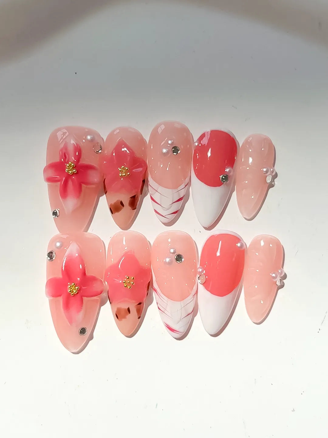 D496 - Medium Nude Orange Almond French tip Flower Animal Print VibeNailsLab