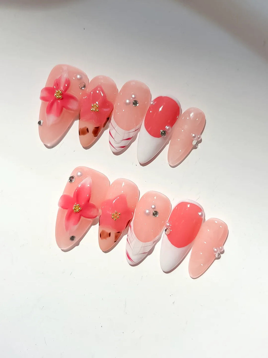 D496 - Medium Nude Orange Almond French tip Flower Animal Print VibeNailsLab