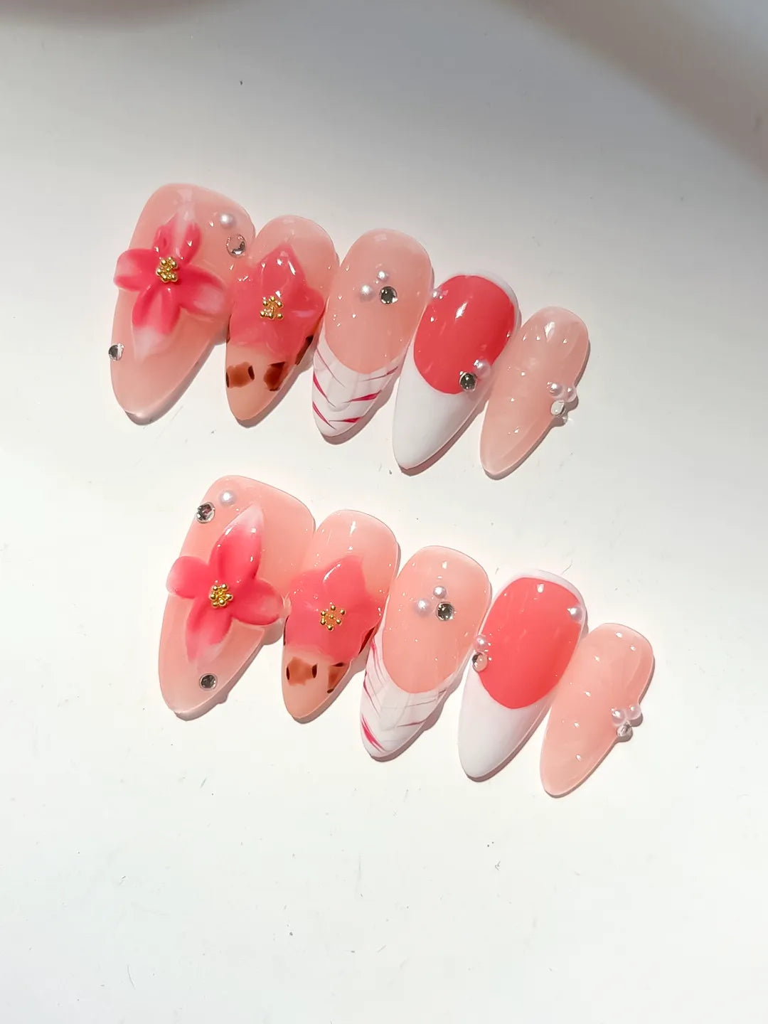 D496 - Medium Nude Orange Almond French tip Flower Animal Print VibeNailsLab