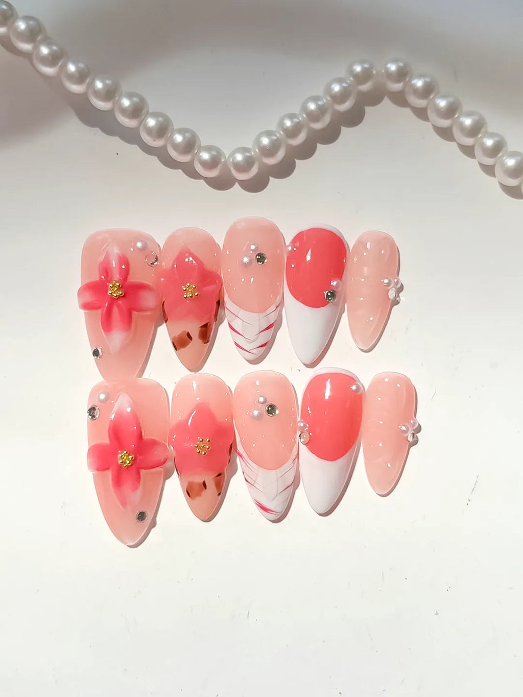 D496 - Medium Nude Orange Almond French tip Flower Animal Print VibeNailsLab