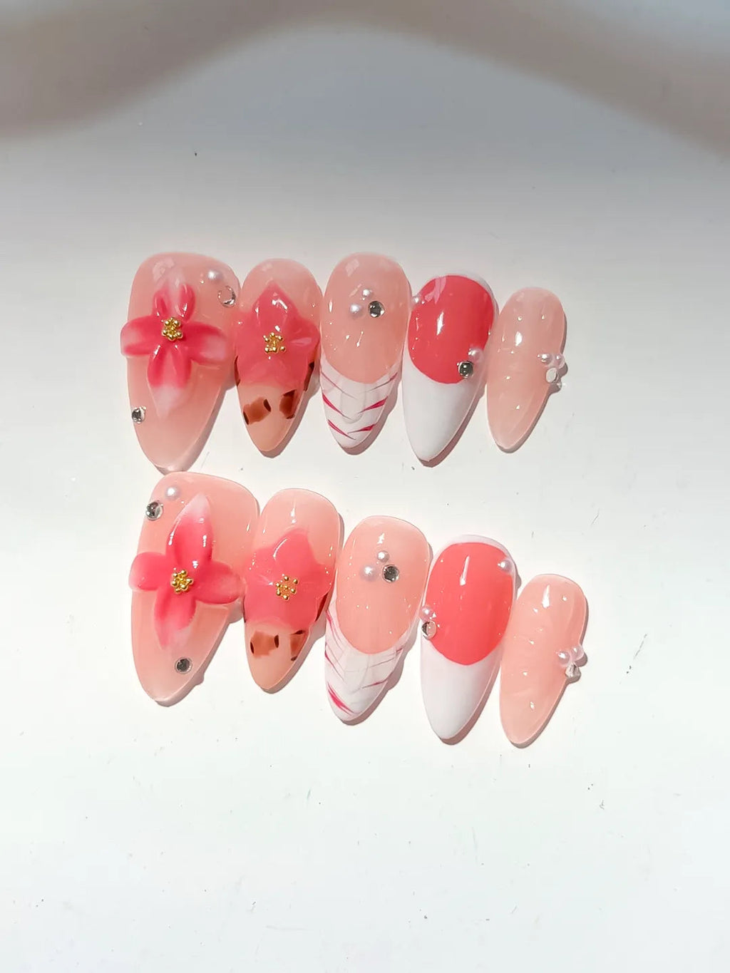 D496 - Medium Nude Orange Almond French tip Flower Animal Print VibeNailsLab