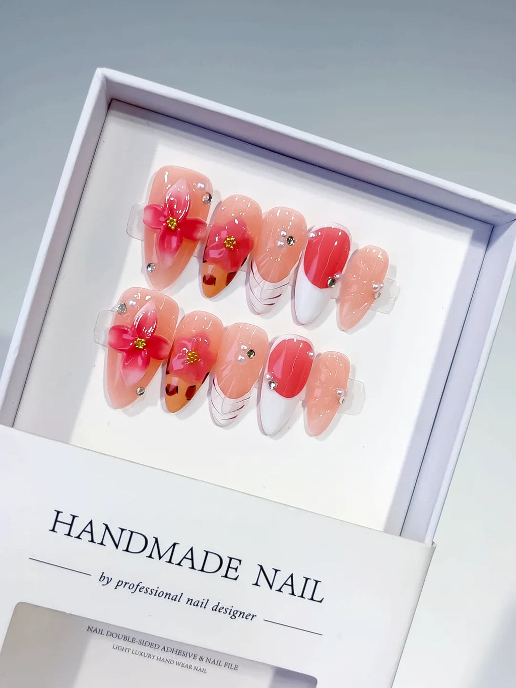 D496 - Medium Nude Orange Almond French tip Flower Animal Print VibeNailsLab