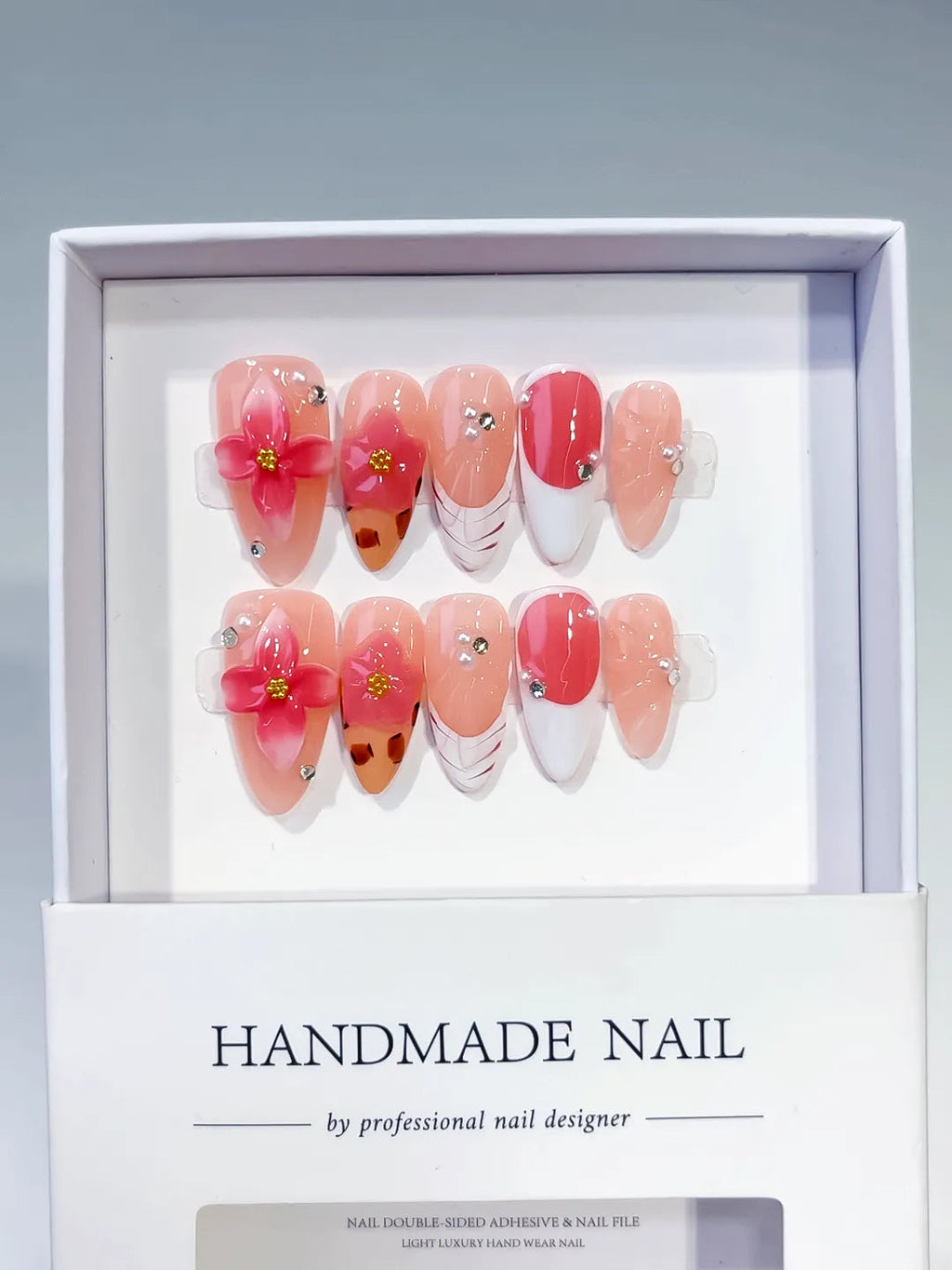 D496 - Medium Nude Orange Almond French tip Flower Animal Print VibeNailsLab