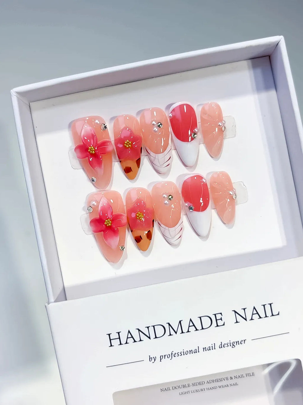 D496 - Medium Nude Orange Almond French tip Flower Animal Print VibeNailsLab