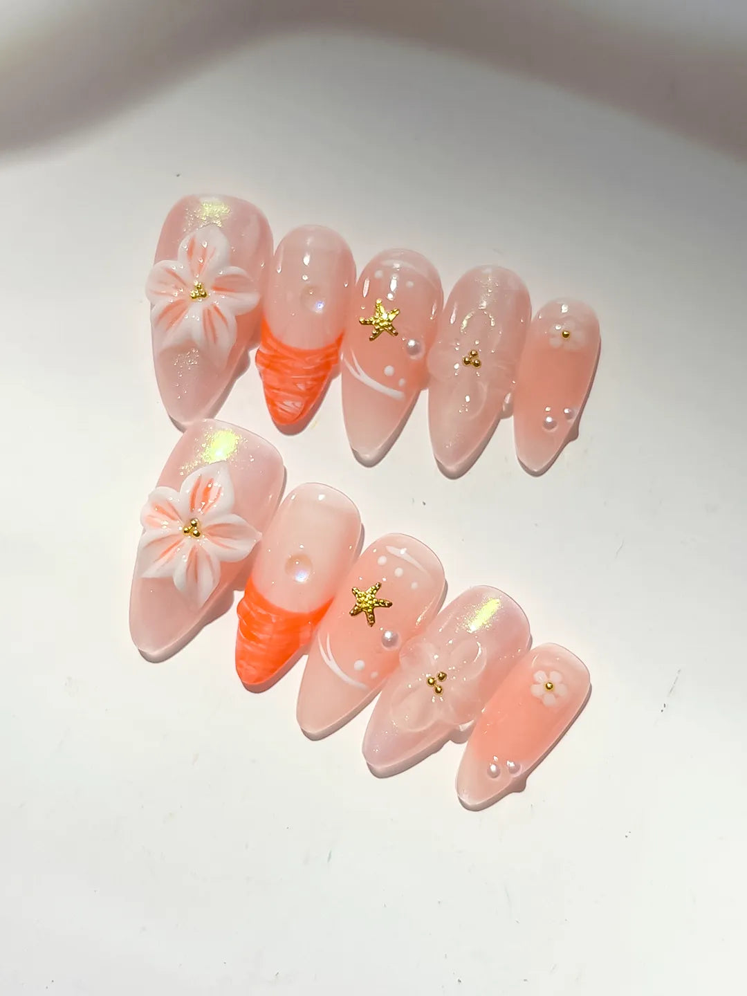 D498 - Medium Nude Orange Almond Holographic Flower Star VibeNailsLab