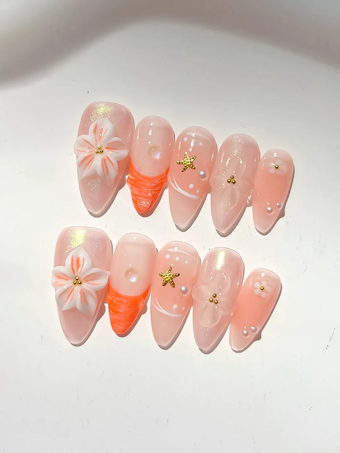 D498 - Medium Nude Orange Almond Holographic Flower Star VibeNailsLab