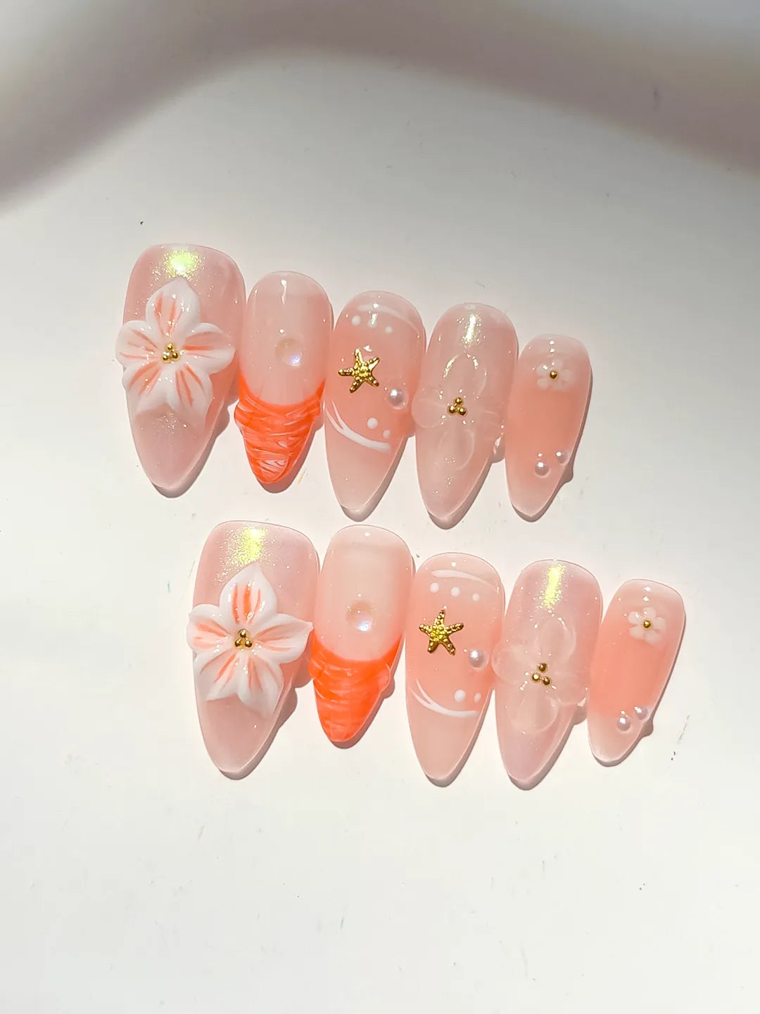 D498 - Medium Nude Orange Almond Holographic Flower Star VibeNailsLab