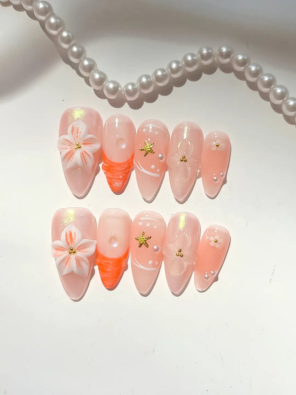 D498 - Medium Nude Orange Almond Holographic Flower Star VibeNailsLab