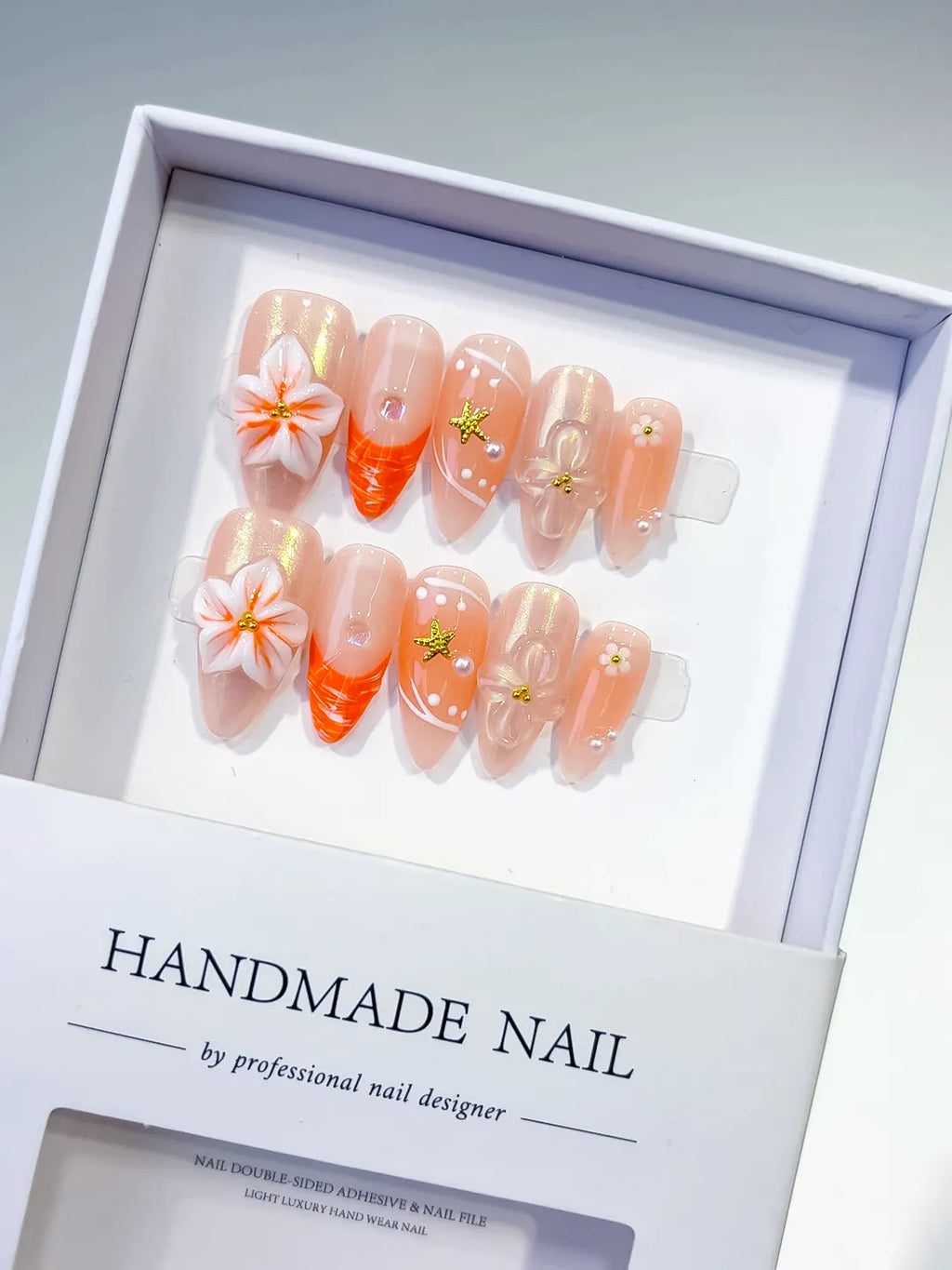 D498 - Medium Nude Orange Almond Holographic Flower Star