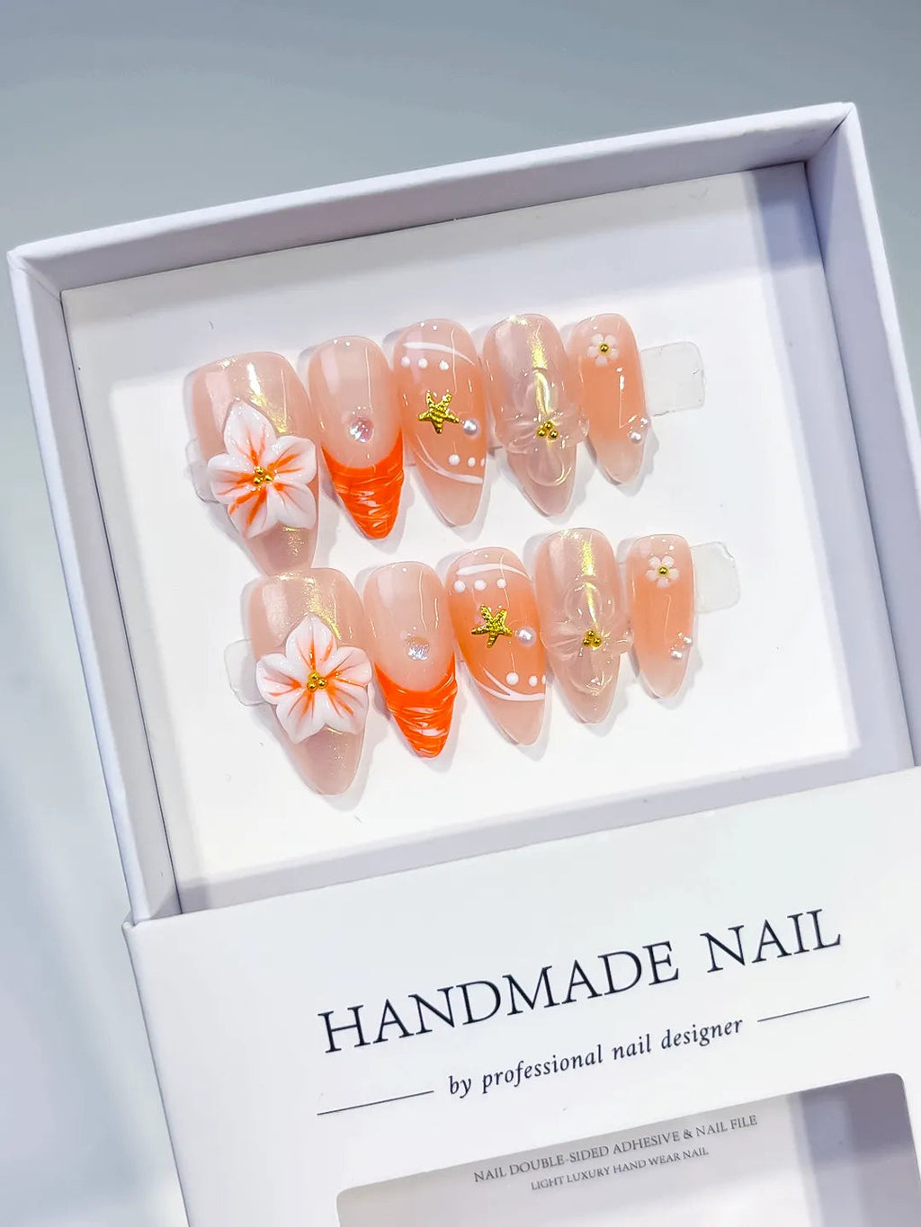 D498 - Medium Nude Orange Almond Holographic Flower Star VibeNailsLab