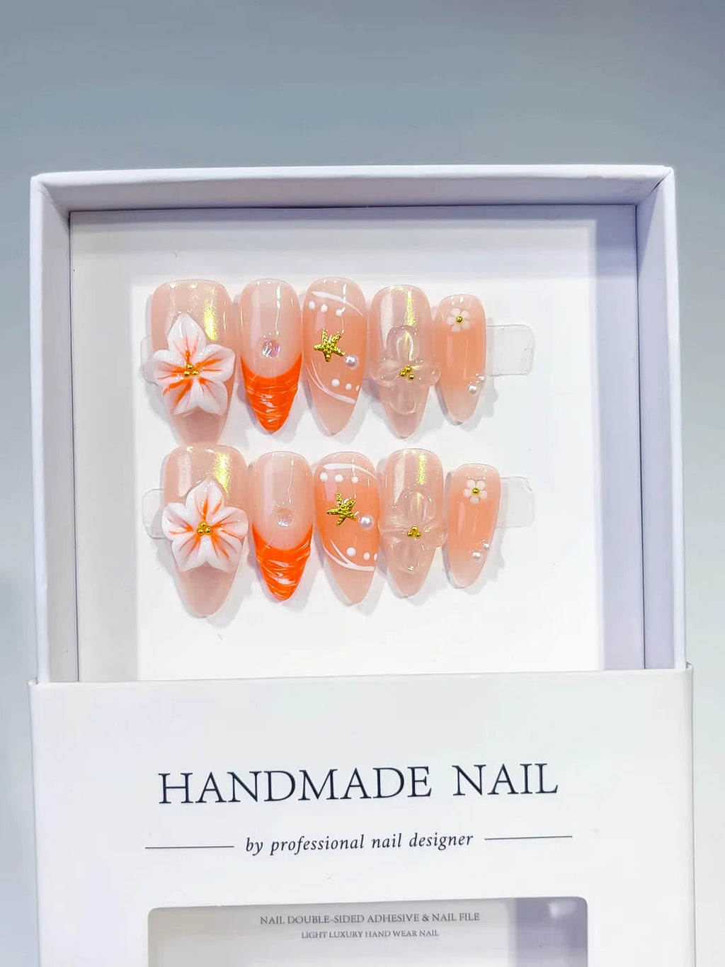 D498 - Medium Nude Orange Almond Holographic Flower Star VibeNailsLab