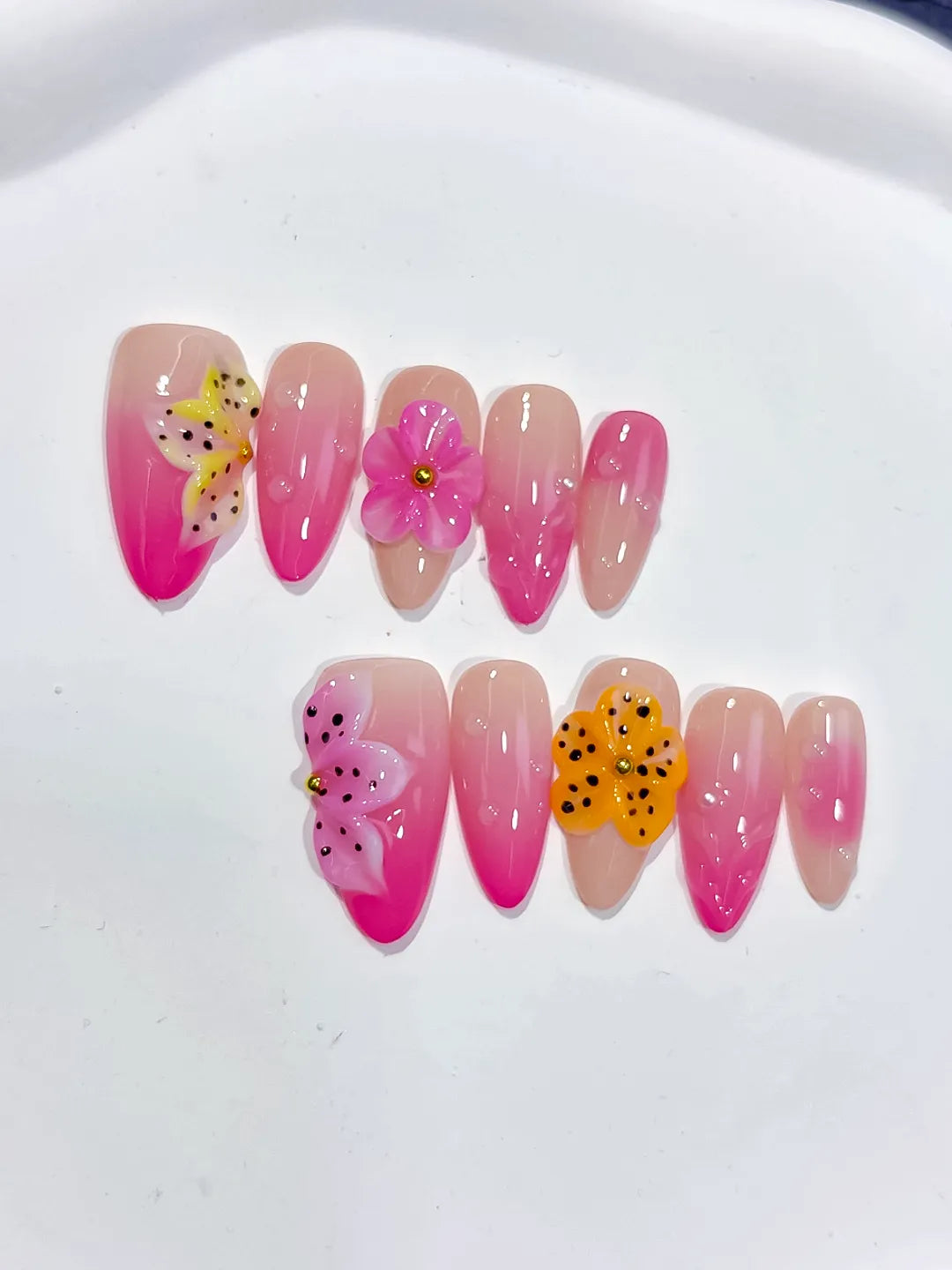 D499 - Medium Pink Yellow Almond Ombre Flower Dot Pattern